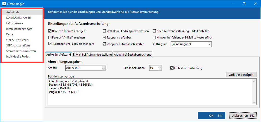 Einstellungen für Standartwerte