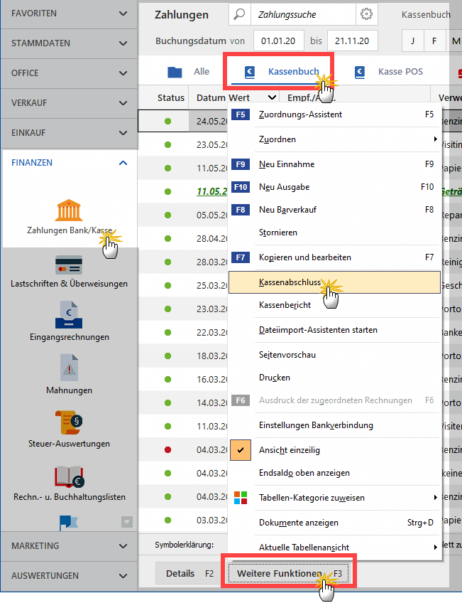 Weitere Funktionen des Kassenabschlusses