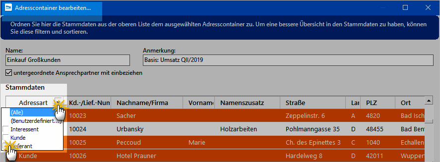 Adresscontainer mit Lieferanten