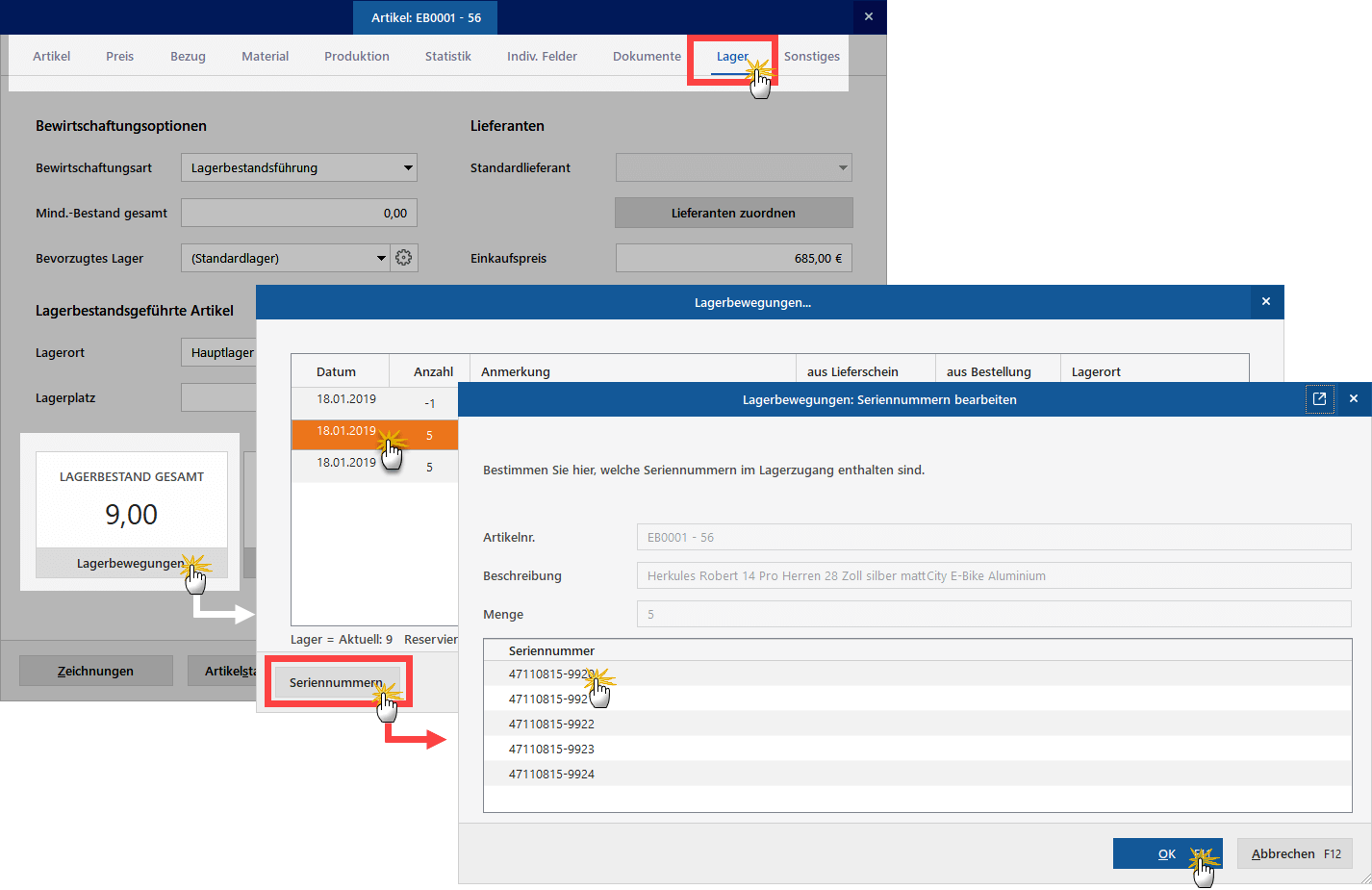 Seriennummern bearbeiten: Lagerbewegungen