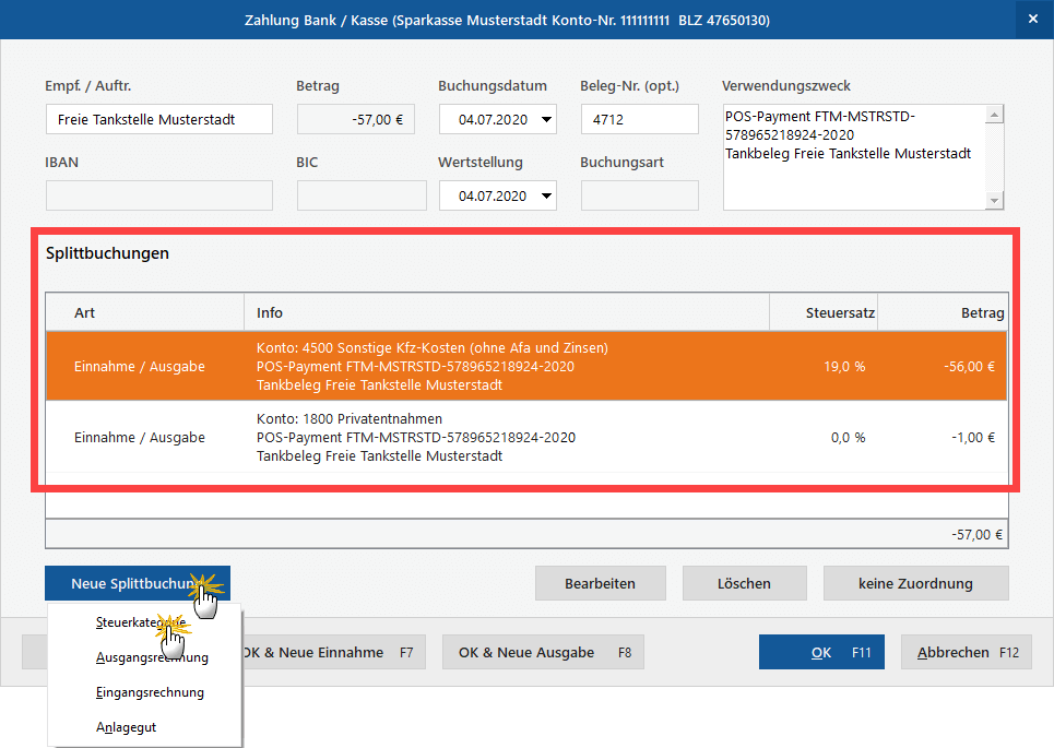 Splittbuchung erstellen