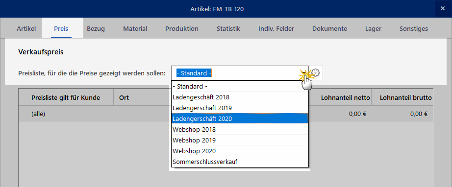 Kleinstamm-Dialog: Preislisten