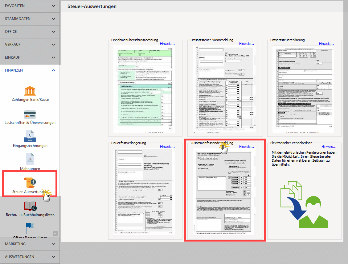 Screenshot: MeinBüro-Steuerauswertungen mit Steuer-Formularen