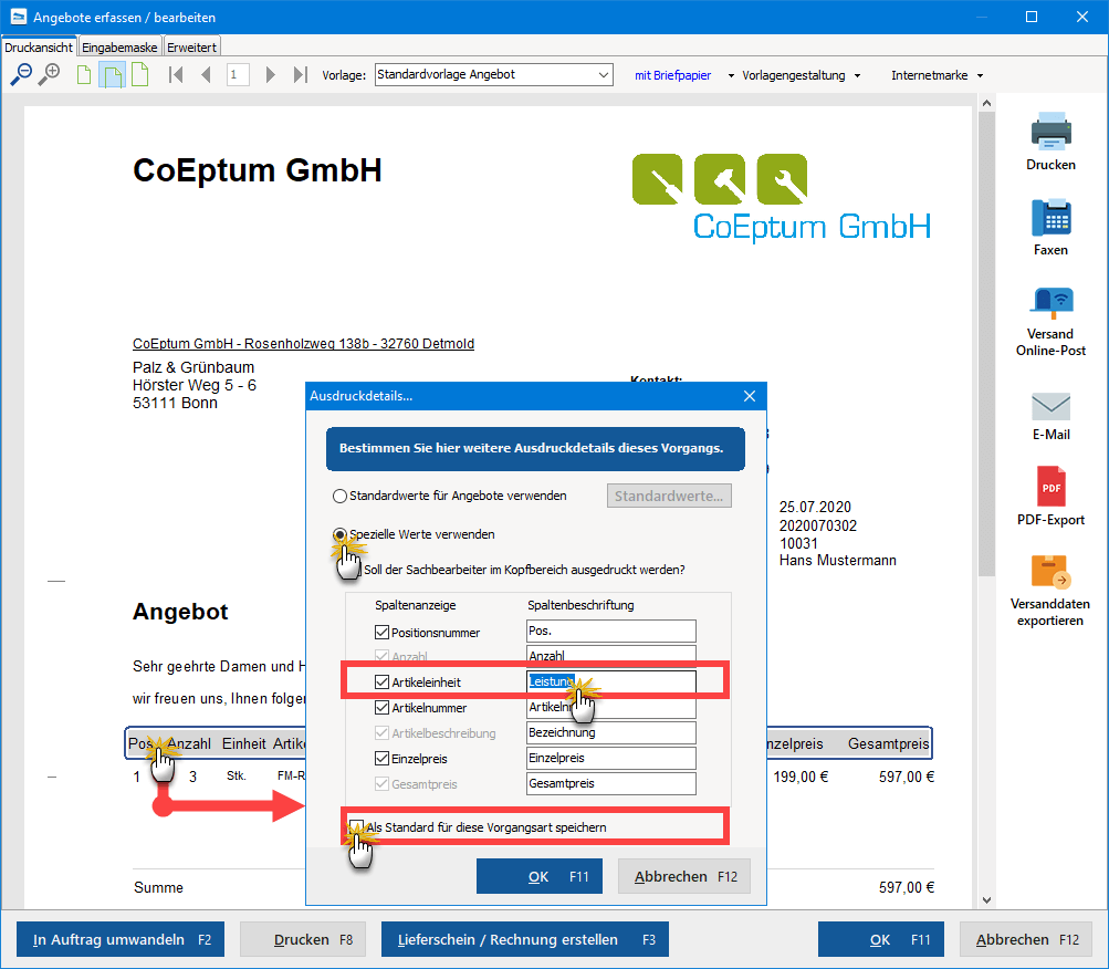 Ausdruckdetails Rechnung