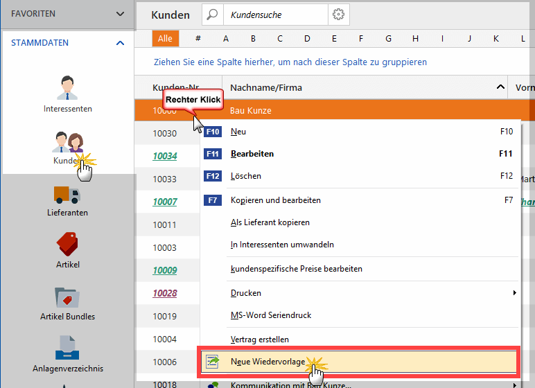 Menüleiste: Neue Wiedervorlage