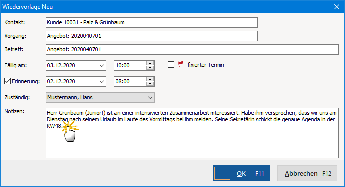 Fenster: Wiedervorlage Neu