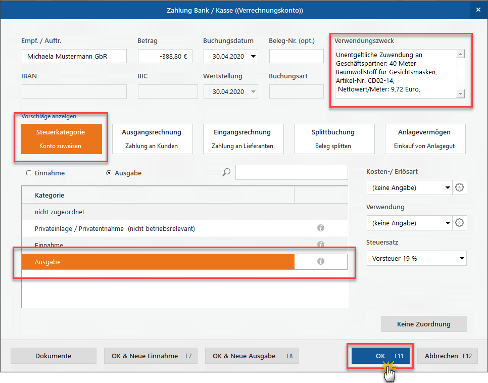 Zuwendungen buchen mit MeinBüro: als Ausgabe (Screenshot)