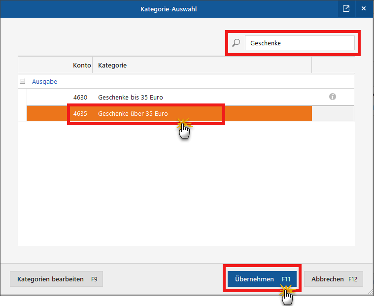 Zuwendungen in MeinBüro: Auswahl des Buchungskontos (Screenshot)