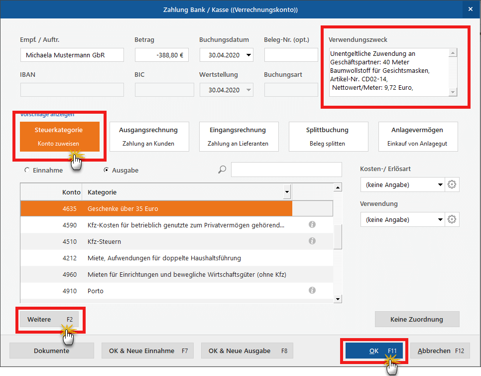 Zuwendungen an Geschäftspartner: Verwendungszweck (Screenshot)