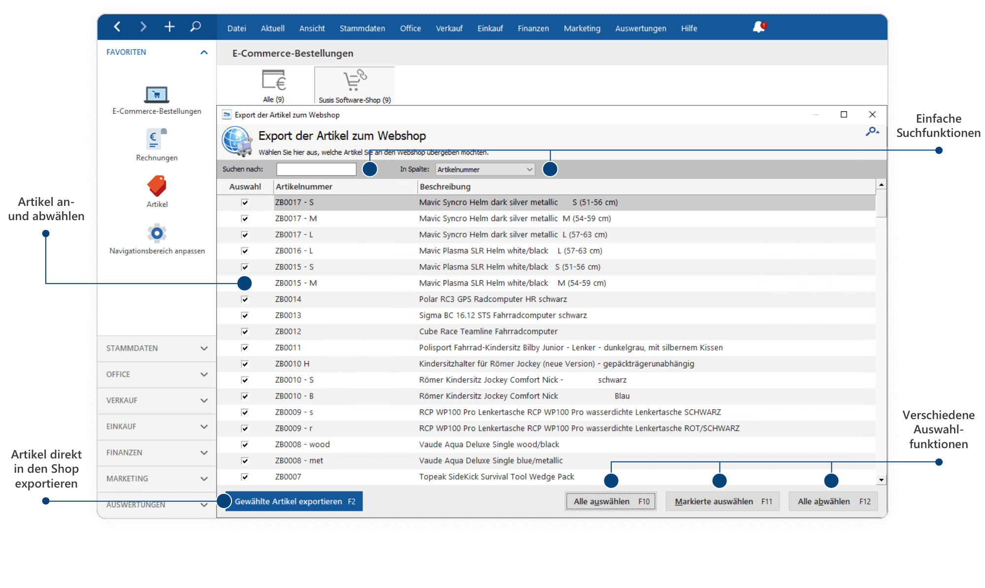 Export der Artikel zum Webshop