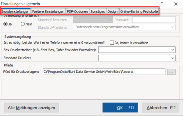 Basis Einstellungsdialoge