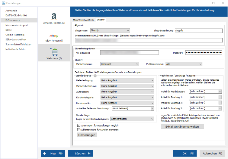 Anbindung abgeschlossen. Sie sehen nun den Einstellungsbereich Ihres Shopify-Shops unter WISO MeinBüro Desktop“ vornehmen