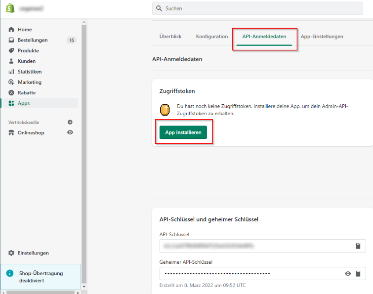 Klicken Sie im Menüpunkt API-Anmeldedaten auf App installieren.