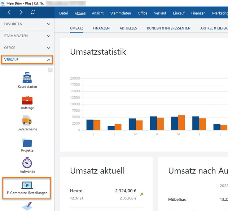 Menüpunkt Verkauf > E-Commerce-Bestellungen