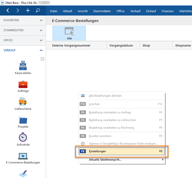 Menüpunkt Verkauf > E-Commerce-Bestellungen > Einstellungen