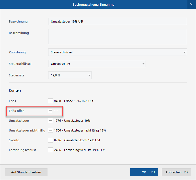 Einstellung wiederholen für Konto Umsatzsteuer 19%