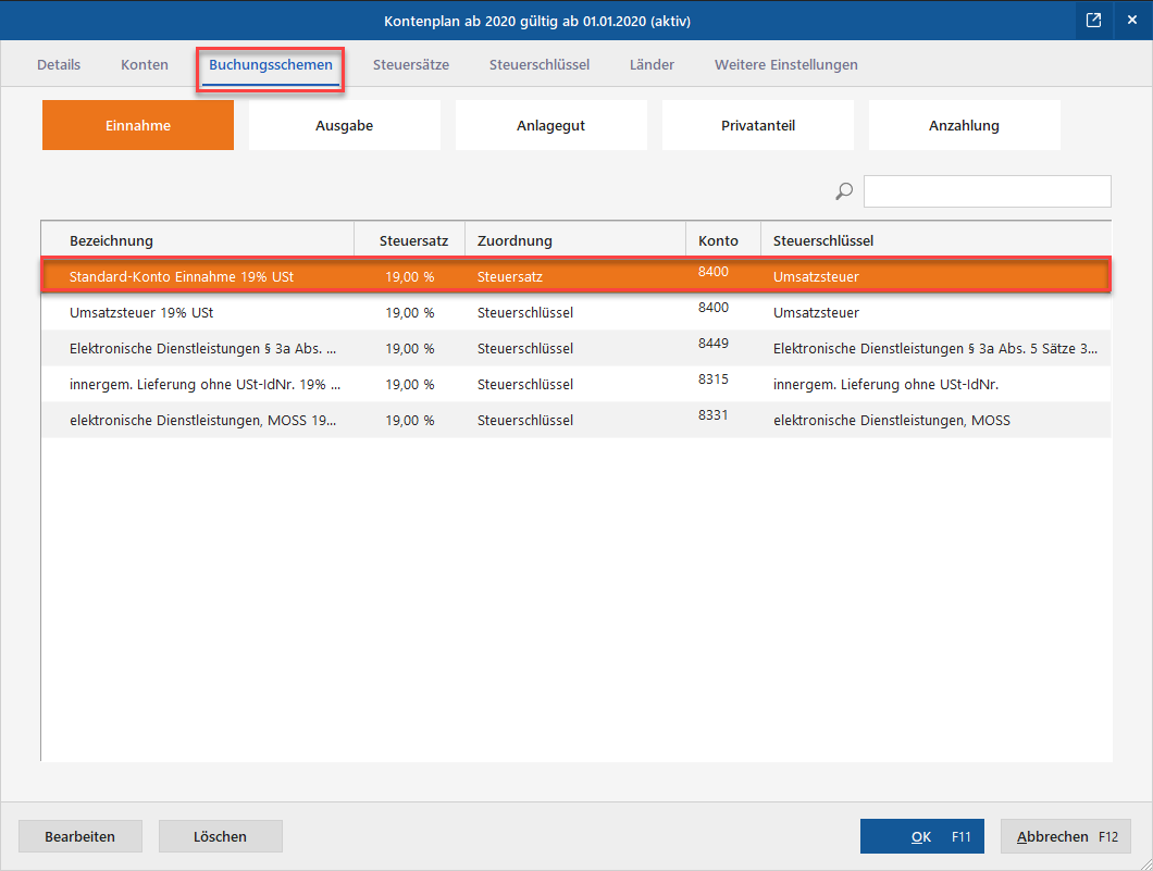 Buchungsschema Standard-Konto Einnahme 19% USt