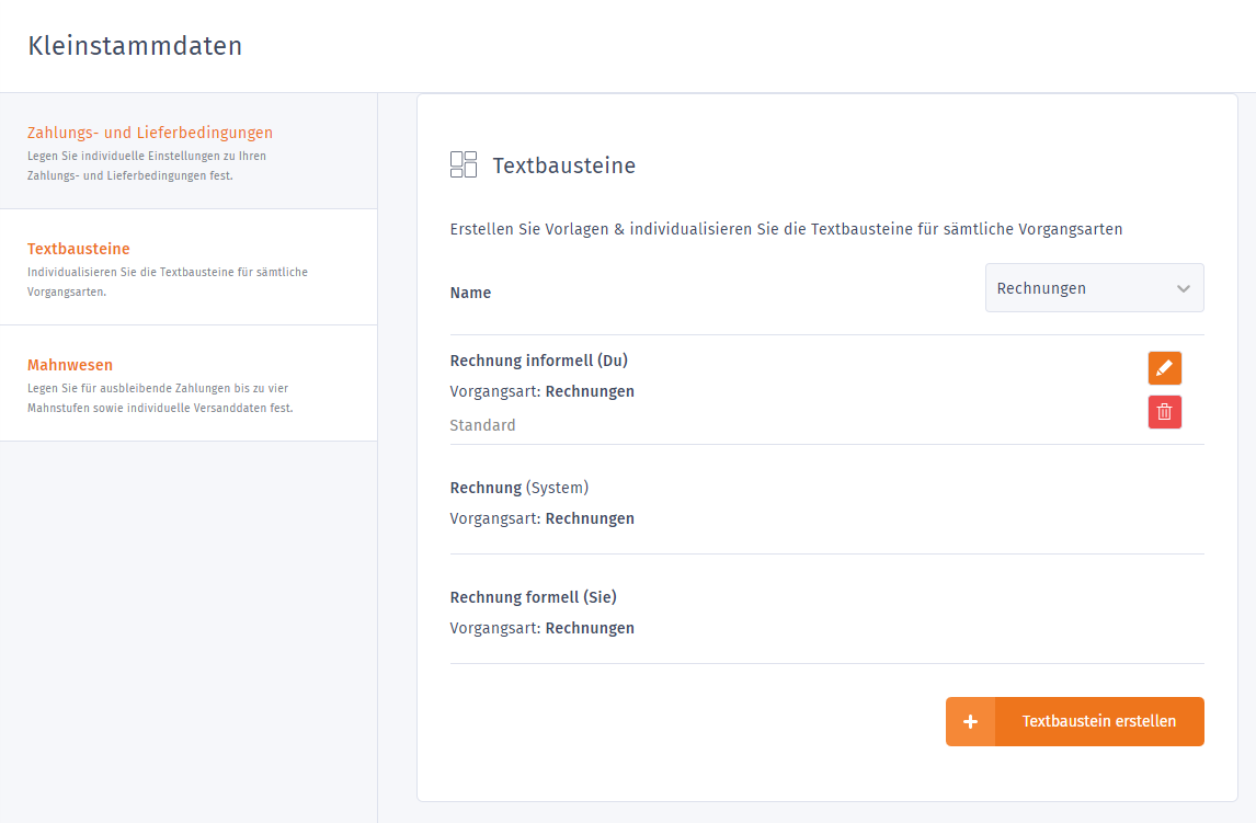 Textbausteine Einstellungen Kleinstammdaten