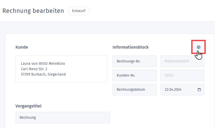 Rechnung Informationsblock bearbeiten