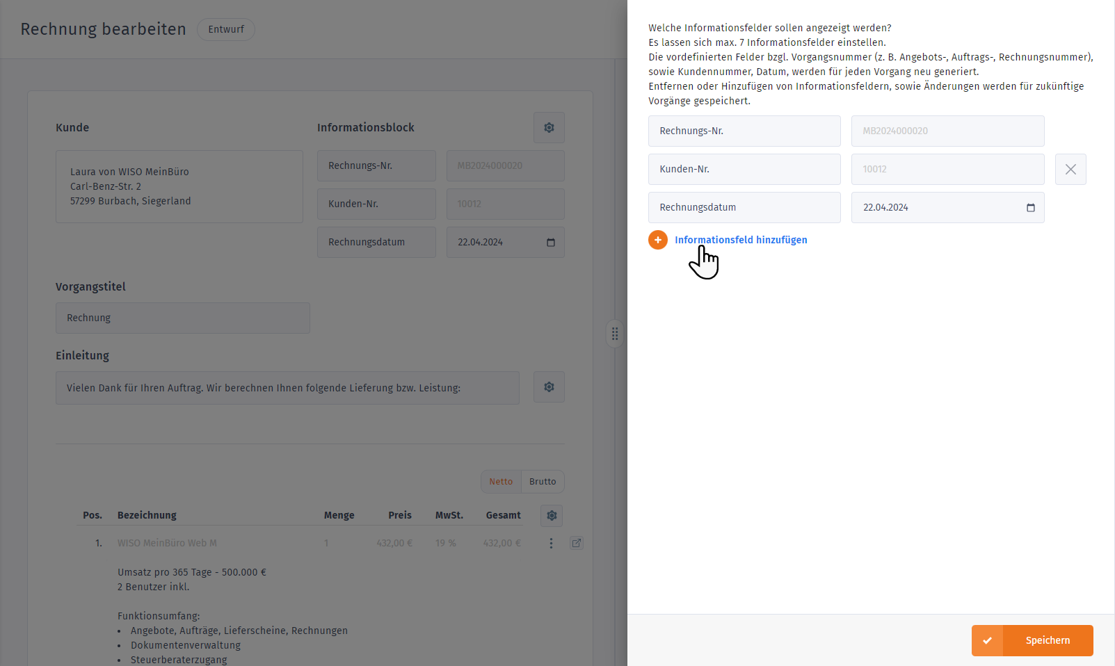 Rechnung Informationsfeld hinzufügen