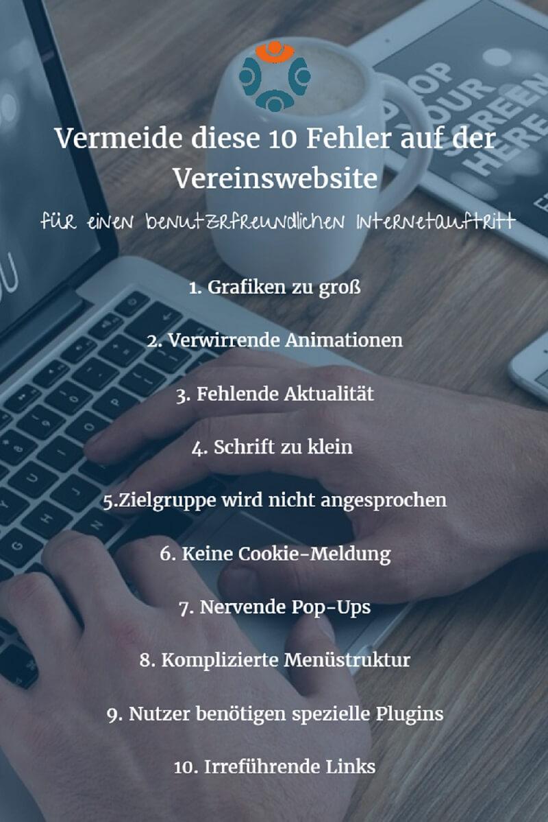 Infografik: Vermeide diese 10 Fehler auf der Vereinswebsite für einen professionellen Internetauftritt deines Vereins