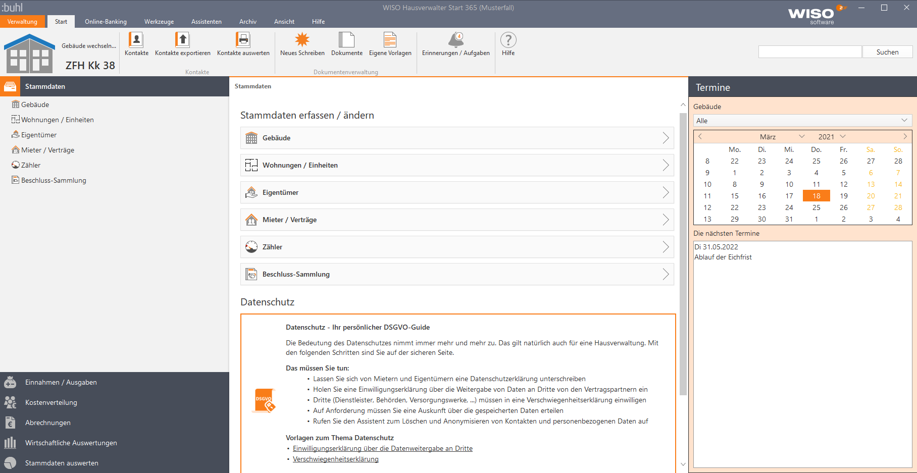WISO Hausverwalter erlaubt Ihnen die bequeme Erfassung von Einnahmen und Ausgaben sowie die rechtssichere, taggenaue Betriebskostenabrechnung von Wohn- und Gewerbeeinheiten. Das Programm bietet alle wichtigen Verwaltungsfunktionen in einer einfach zu bedienenden, komfortablen Arbeitsumgebung.
