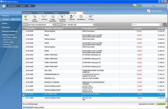 Die Buchungsliste enth&#228;lt alle Buchungen f&#252;r alle Konten. Unterhalb der Buchungsliste werden nach Karteikarten geordnet Detail-Informationen zur ausgew&#228;hlten Buchung angezeigt.