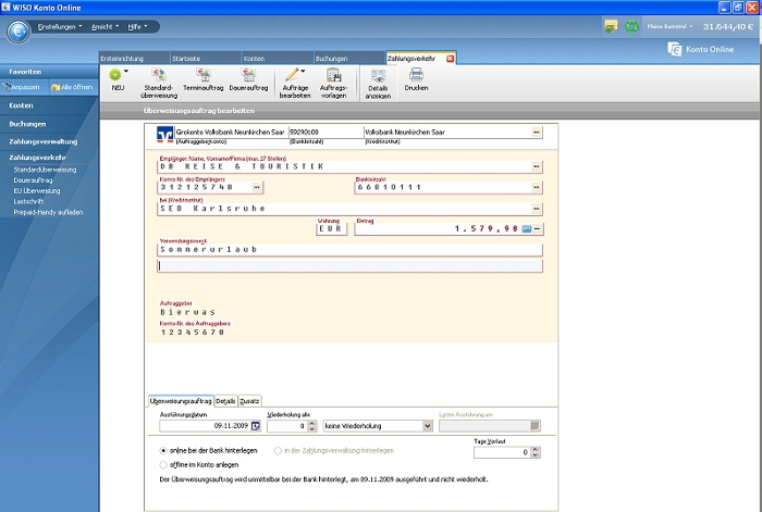 WISO Konto Online bietet die bekannten &#220;berweisungsformulare. Wie Sie es von Ihrer Bank gewohnt sind. Standardm&#228;&#223;ig arbeitet Mein Geld mit Lastschriften im Einzugserm&#228;chtigungsverfahren (Textschl&#252;ssel 05).
