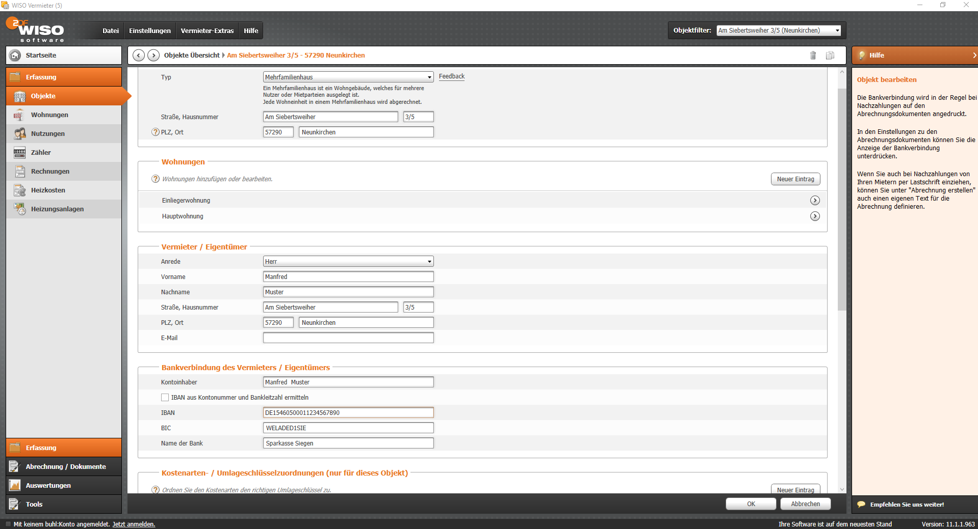 WISO Vermieter gruppiert &#252;bersichtlich die einzelnen Bereiche eines Objekts. In den Objektdetails erfassen Sie alle relevanten Informationen, die sich auf alle im Objekt befindlichen Wohnungen, Mieter und den zum Objekts geh&#246;renden Rechnungen auswirken.