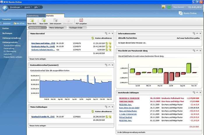 Die Startseite zeigt Ihnen immer die wichtigsten Informationen auf einen Blick. Der Arbeitsbereich in der Mitte belegt den gr&#246;&#223;ten Teil der Bedienoberfl&#228;che. Im Arbeitsbereich werden Ihre aktuellen Daten angezeigt, links in der Navigationsleiste bestimmen Sie, was zu tun ist, und rechts informiert Sie die Schnellinfo.