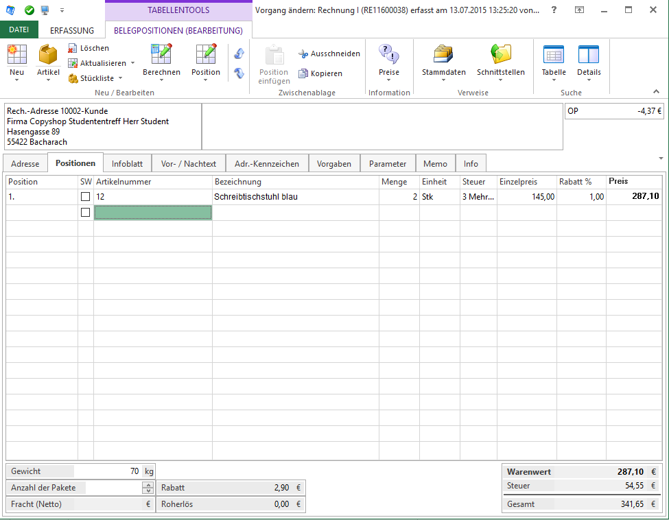 Bei der Rechnungsstellung werden die einzelnen Positionen mit Steuer und Artikelnummer aufgef&#252;hrt und die fertige Rechnung kann sofort ausgedruckt werden.