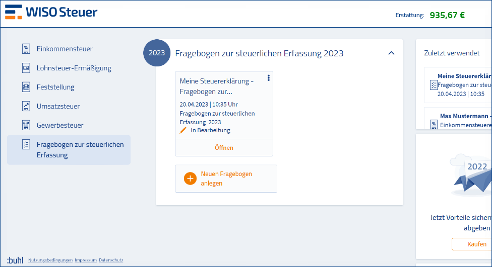 Soll- Ist-Besteuerung Fragebogen steuerliche Erfassung WISO Steuer Screenshot