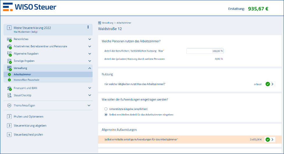 Arbeitszimmer absetzen: Kosten in die Steuererklärung eintragen Arbeitszimmer absetzen Screenshot