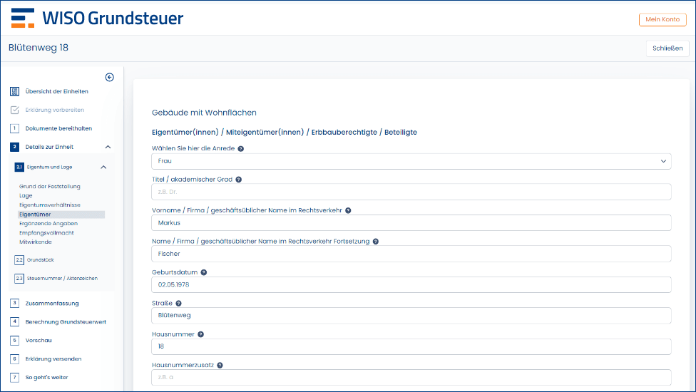 WISO Grundsteuer Dateneingabe Schreenshot