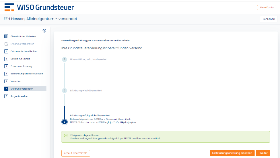 WISO Grundsteuer Erklärung versendet Screenshot
