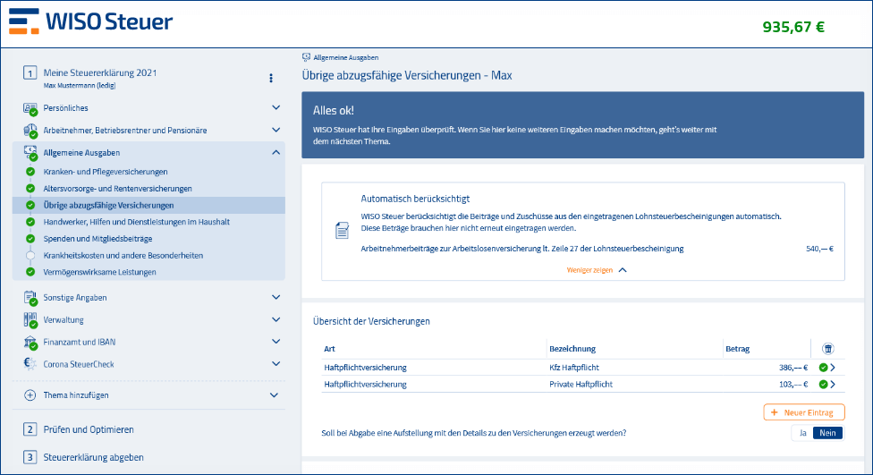 Kfz Versicherung WISO Steuer Screenshot