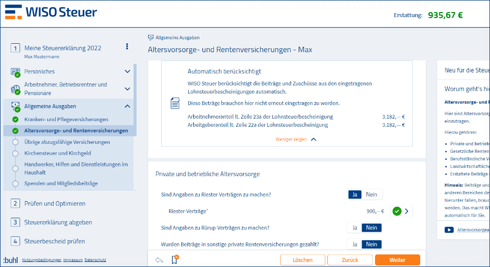Altersvorsorgeaufwendungen mit WISO Steuer Altersvorsorge WISO Steuer Screenshot