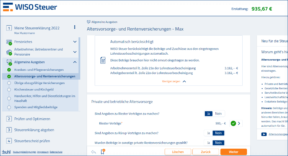 Altersvorsorge WISO Steuer Screenshot