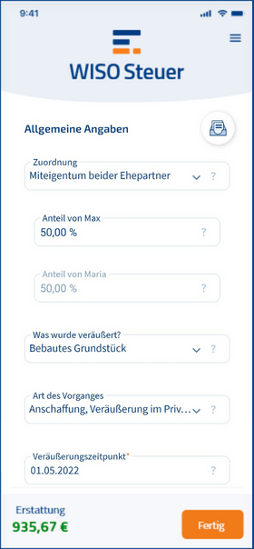 Wie trage ich den Immobilienverkauf an meine Kinder in die Steuererklärung am Smartphone ein? Immobilienverkauf Kinder Steuererklärung mobile