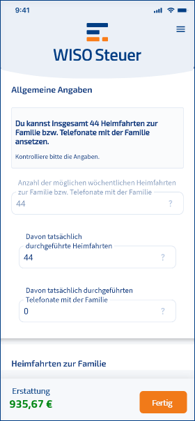 Familienheimfahrten absetzen WISO Steuer Screenshot mobile