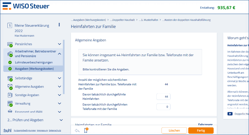 Familienheimfahrten absetzen WISO Steuer Screenshot Web