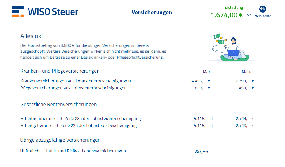 Vorschau wie Versicherungen in WISO Steuer eingetragen werden