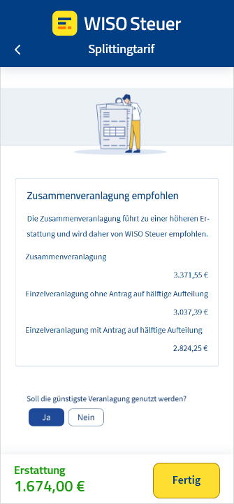 Vergleichsberechnung der Einzel- und Zusammenveranlagung in der App WISO Steuer