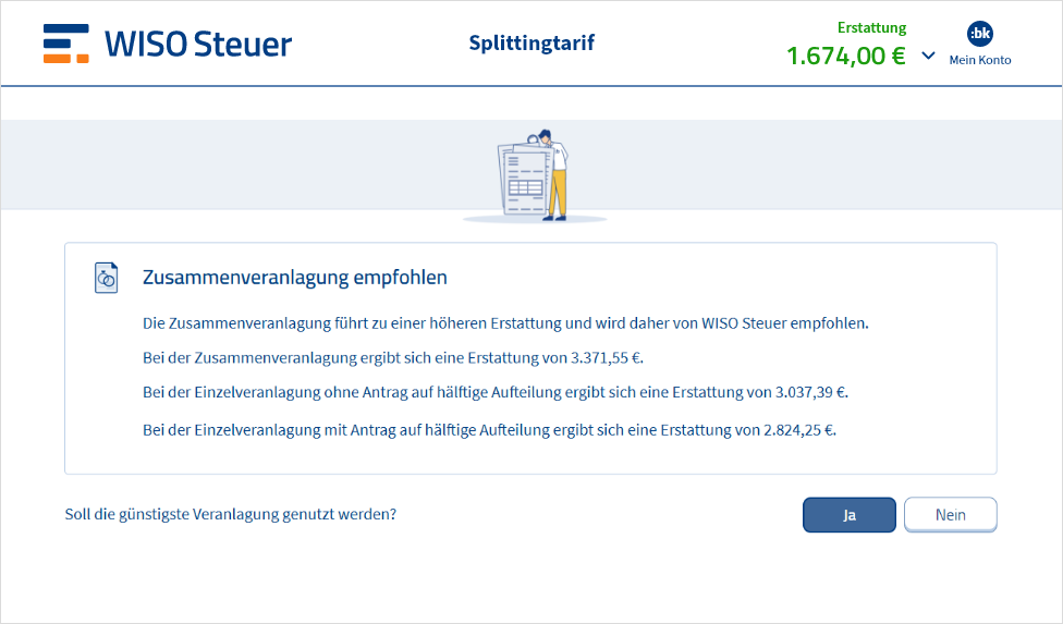 Vergleichsberechnung der Einzel- und Zusammenveranlagung in WISO Steuer