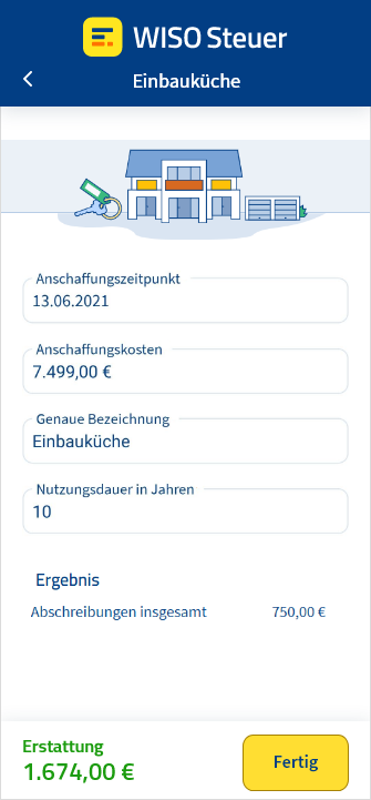 Eingabemaske für die Kosten einer Einbauküche als Vermieter in der App WISO Steuer