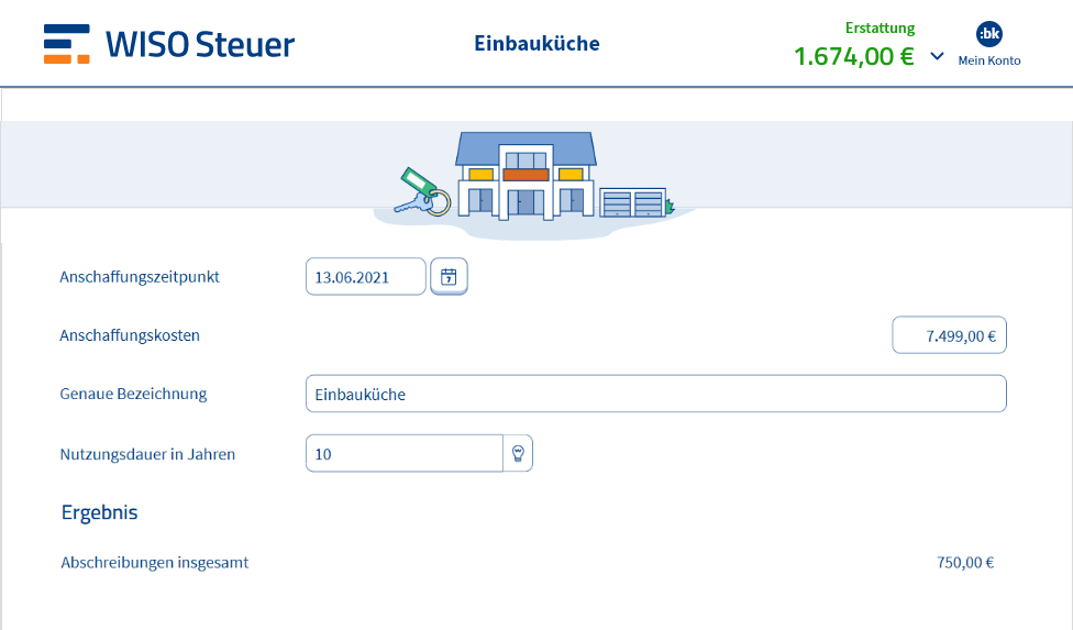 Eingabemaske für die Kosten einer Einbauküche als Vermieter in WISO Steuer