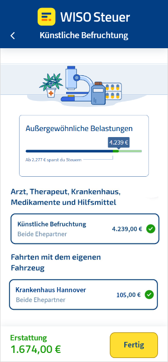 Eingabemaske für Kinderwunschbehandlungskosten in der App WISO Steuer