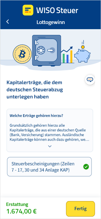 Eingabemaske für angelegte Lottogewinne in der App WISO Steuer
