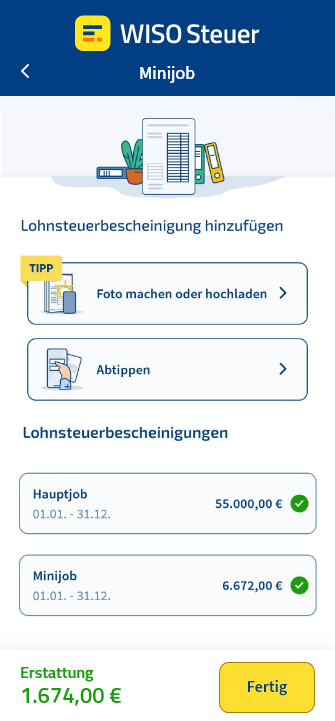 Vorschau des Imports einer Lohnsteuerbescheinigung in der App WISO Steuer