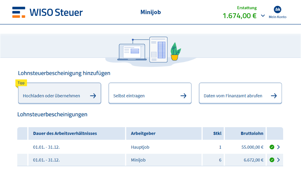 Vorschau des Imports einer Lohnsteuerbescheinigung in WISO Steuer